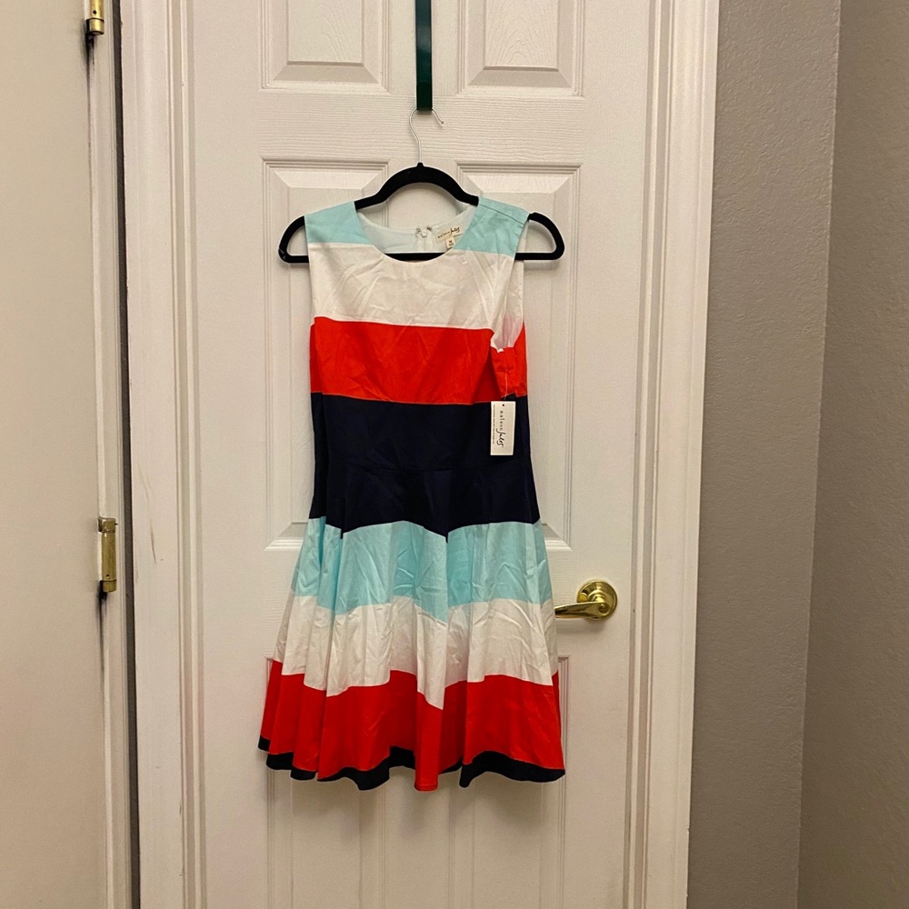 MAISON JULES Red Blue Striped Fit&Flare Dress NWT - Picture 3 of 3